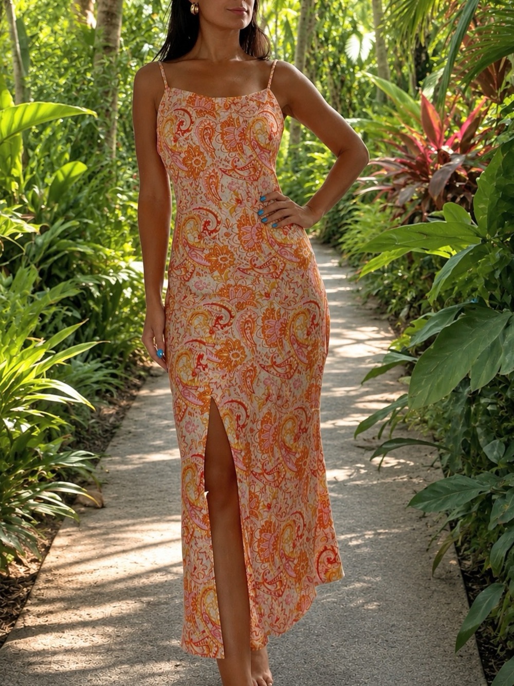 Paper Heart Satin Paisley Slip Dress with Front Slit and Cowl Neck Size M